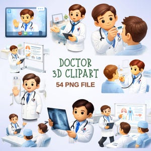 May include: A collection of 3D clipart images featuring a cartoon doctor in various medical scenarios. The doctor is shown using a stethoscope, examining a patient, and presenting information. The text "DOCTOR 3D CLIPART" and "54 PNG FILE" are also visible.