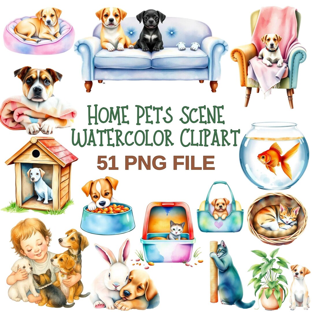 Pets Sticker Scenes Home Pets Watercolor Clipart - 51 PNG Dogs, Cats, Fish, Bunnies, Pet ...