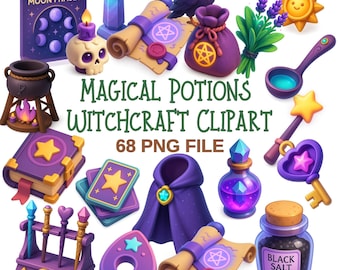 Witchcraft Clipart Set, Potions, Crystals, and Herbs (68 PNG Files)