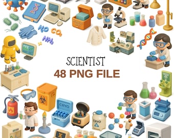 Scientist PNG Clipart Set – 48 Lab Equipment and Chemistry Graphics for Science Projects, Stickers, Classroom Use
