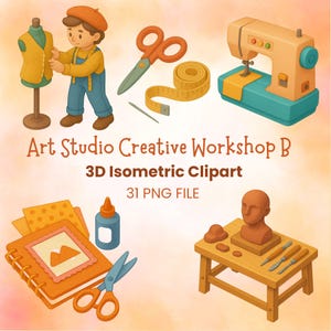 Paquete de imágenes prediseñadas para taller de costura y manualidades, gráficos PNG isométricos 3D, estudio de diseño de moda, elementos para manualidades DIY.