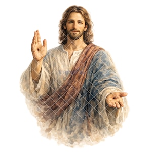 Puede incluir: Ilustración en acuarela de un hombre con cabello castaño largo y barba, vistiendo una túnica blanca con detalles azules y marrones. Se le representa con una mano levantada y la otra extendida, sobre un fondo blanco.