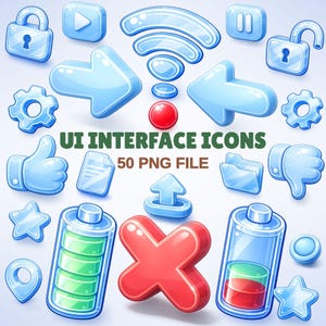 Könnte beinhalten: Eine Sammlung glänzender, hellblauer UI-Oberflächensymbole, darunter ein Schloss, eine Wiedergabetaste, ein Wi-Fi-Symbol, Pfeile und ein Daumen hoch. Das Bild zeigt auch ein rotes 'X' und ein Batteriesymbol. Der Text lautet 'UI INTERFACE ICONS 50 PNG FILE'.