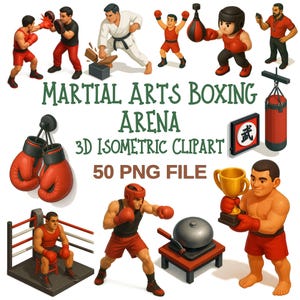 May include: A collection of 3D isometric clipart images featuring martial arts and boxing themes. The images include illustrations of boxers, martial artists, boxing equipment, and text that reads "Martial Arts Boxing Arena 3D Isometric Clipart 50 PNG File."