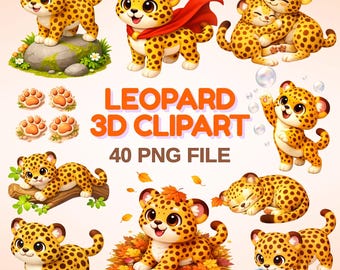 Cute Leopard 3D Clipart Bundle | 40 PNG Files for Kids Crafts, Nursery Art, and Sublimation