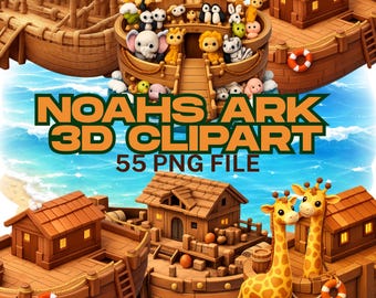 Könnte beinhalten: Eine Sammlung von 3D-Clipart-Bildern mit der Arche Noah, aus Holz gefertigt, mit verschiedenen Tierfiguren. Das Bild enthält den Text "NOAHS ARK 3D CLIPART" und "55 PNG FILE". Die Arche hat eine braune Holzaußenseite und ein kleines Haus.