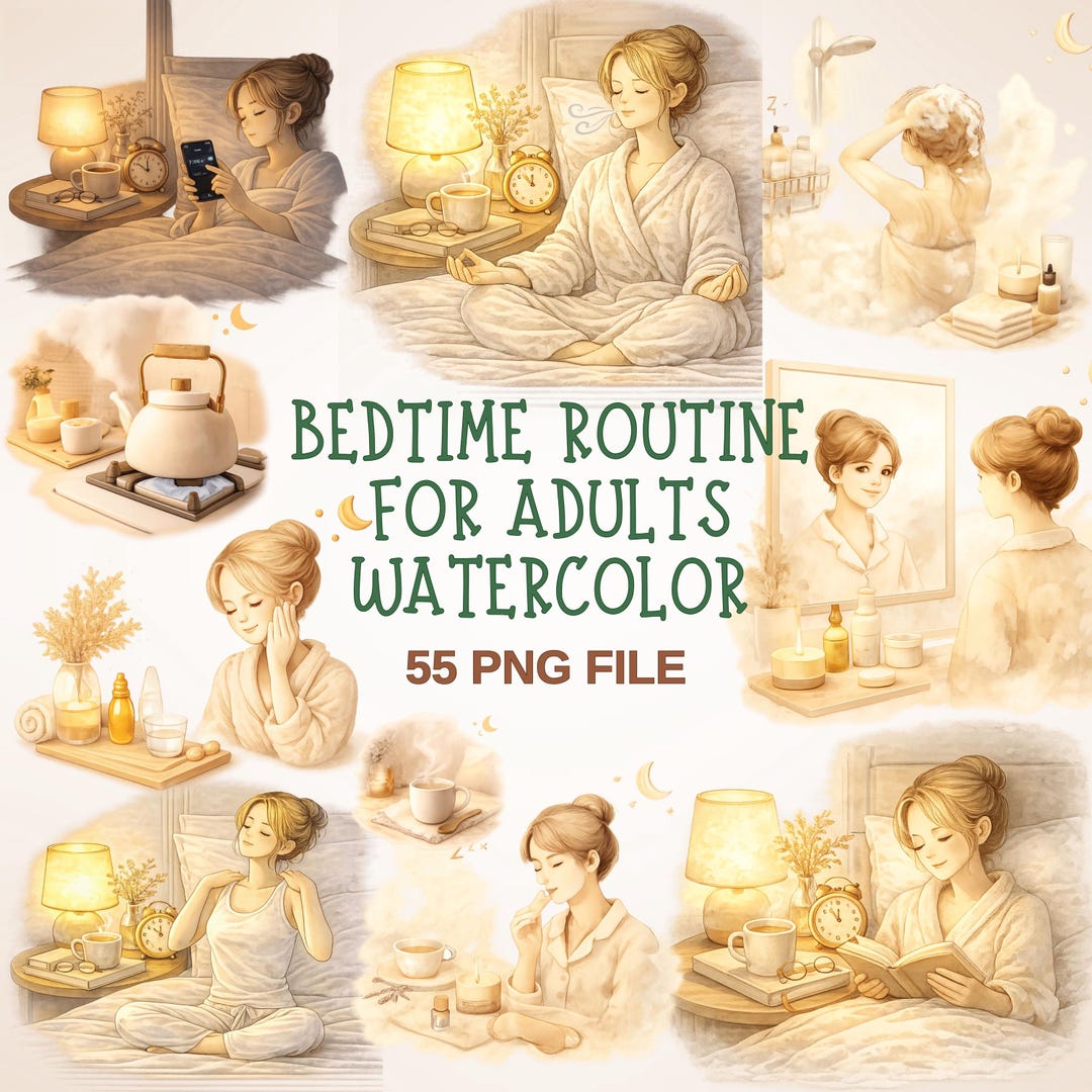Watercolor Bedtime Routine Clipart – 55 Self-care PNG Illustrations ...