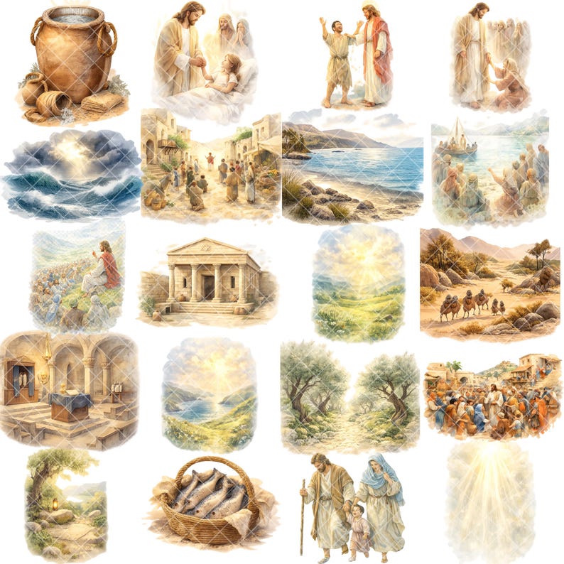 Miracles of Jesus Clipart – 50 PNG Watercolor Bible Scenes for Faith ...