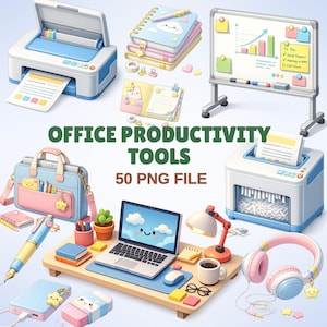 May include: An illustration of office productivity tools, including a printer, laptop, whiteboard, and paper shredder. The image also features a desk with a lamp, coffee cup, and headphones. The text "OFFICE PRODUCTIVITY TOOLS" and "50 PNG FILE" is displayed.