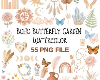 Boho Butterfly and Garden Watercolor Clipart | Bohemian and Floral PNG Bundle