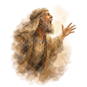 Könnte beinhalten: Aquarellillustration eines Mannes mit langem weißem Bart, der eine beige Kopfbedeckung und Robe trägt, mit offenem Mund schreit und den Arm hebt. Das Bild hat einen weichen, künstlerischen Aquarelleffekt mit weißem Hintergrund.