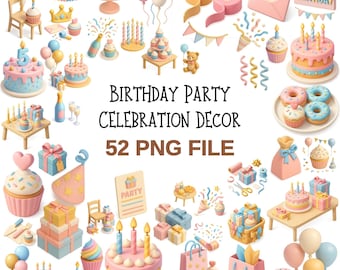 Pacchetto di clipart per feste di compleanno / Torte, palloncini, regali (52 file PNG)
