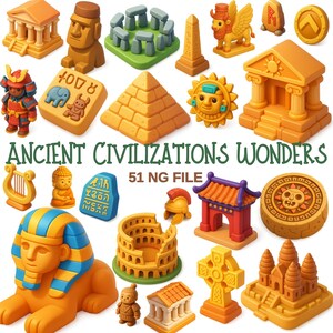 Op de afbeelding: Een kleurrijke illustratie van wonderen van oude beschavingen in cartoonstijl. De afbeelding bevat een sfinx, een piramide, het Colosseum en andere iconische structuren. De tekst luidt "ANCIENT CIVILIZATIONS WONDERS" en "51 NG FILE".