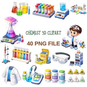 Könnte beinhalten: Eine Sammlung von 3D-Clipart-Bildern mit Chemielaborausrüstung, darunter Bechergläser, Reagenzgläser und ein Laborkittel. Der Text "CHEMIST 3D CLIPART" und "40 PNG FILE" sind sichtbar. Verschiedene Chemikalienbehälter und Gefahrensymbole sind ebenfalls vorhanden.