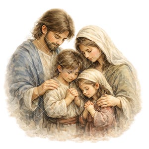 May include: Watercolor illustration of a family of four, with two adults and two children. The adults are embracing the children, who are praying with their hands clasped. The color palette is soft, with muted blues, browns, and creams.