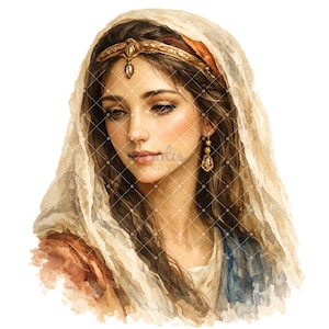 May include: Watercolor portrait of a woman with long brown hair, wearing a gold headpiece and earrings. She is draped in a sheer veil and a blue and orange garment. The artwork has a soft, ethereal quality.