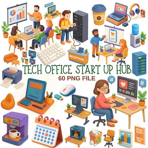 Op de afbeelding: Een kleurrijke illustratie van een tech office startup hub, met diverse kantoorapparatuur en mensen. Inclusief computers, een printer, een koffiezetapparaat, een kalender en de tekst "TECH OFFICE START UP HUB 60 PNG FILE".