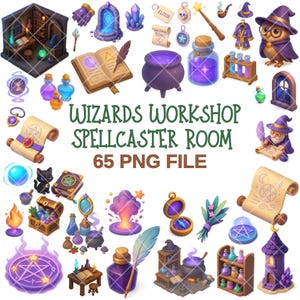May include: A collection of whimsical illustrations featuring wizarding tools and elements. Includes cauldrons, potion bottles, spell books, a wizard's owl, and the text "Wizards Workshop Spellcaster Room 65 PNG File."