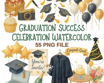Graduation Watercolor Clipart Set, Congrats, Cap and Gown (55 PNG Files)