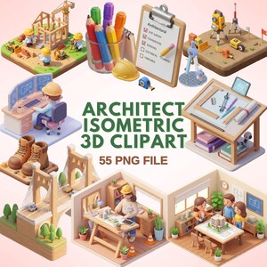 Könnte beinhalten: Isometrisches 3D-Clipart-Set mit architektonischen Elementen. Enthält Baustelle, Zeichentisch und Büroszenen. Das Bild zeigt auch Bleistifte, einen Klemmbrett und den Text "ARCHITECT ISOMETRIC 3D CLIPART 55 PNG FILE."