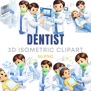 Może przedstawiać: Izometryczny clipart 3D przedstawiający kreskówkowych dentystów w gabinecie stomatologicznym. Obraz zawiera dentystów w białych fartuchach, niebieskich uniformach i maskach na twarz, badających pacjentów i zdjęcia rentgenowskie. Słowo "DENTIST" jest wyświetlane dużymi niebieskimi literami.