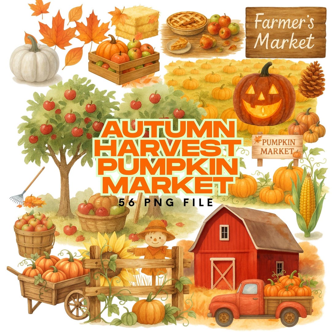 Watercolor Autumn Harvest PNG Bundle – 56 Fall Farm Clipart (digital ...