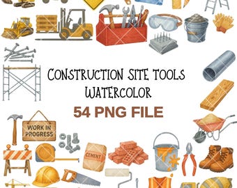 Watercolor Construction Clipart – 54 PNG Files, Tools & Vehicles (Digital Download)