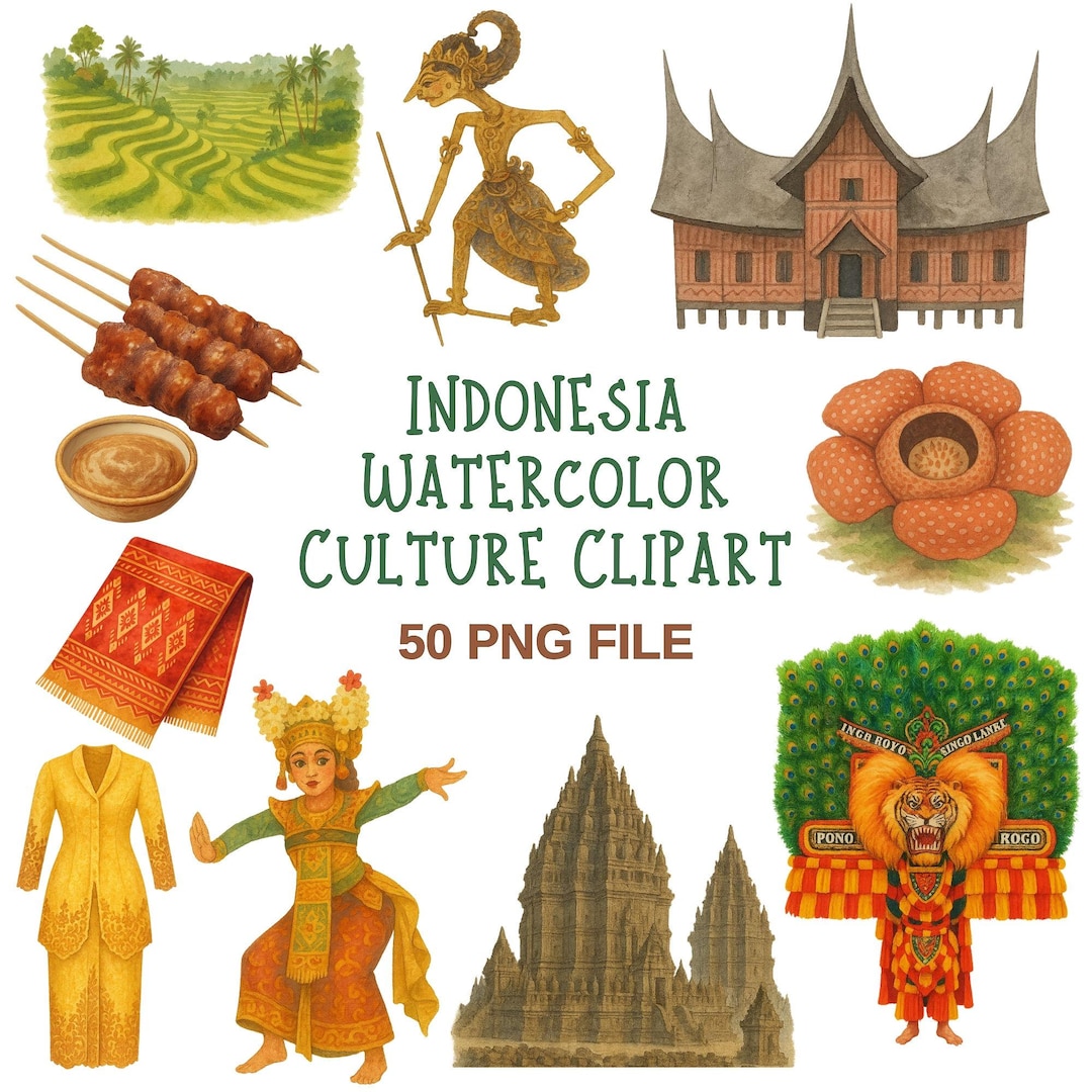 Indonesia Culture Watercolor Clipart – 50 PNG Traditional Elements ...
