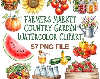 Farmers Market Watercolor Clipart – 57 PNG Country Garden Vegetables, Fruit, Flowers, Farmhouse Decor, Scrapbooking Art