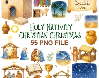 May include: Watercolor illustrations of the Holy Nativity scene, including the three wise men, baby Jesus, Mary, Joseph, and various other religious elements. The text "Holy Nativity Christian Christmas" is displayed.