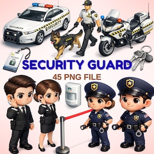 May include: An illustration featuring security-themed elements. Includes a police car, motorcycle, security guard with a dog, security personnel, and the text "SECURITY GUARD". Also includes a key card, keys, and a motion sensor.
