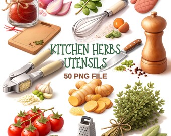 Küchenkräuter Clipart PNG Bundle - 50 Kochutensilien, Gemüse, Gewürze - Digital Download