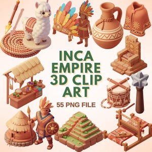 May include: A collection of 3D clip art featuring Inca Empire themes. The image includes various objects such as an alpaca, a warrior, a throne, a drum, a pyramid, and a weaving loom. The text "INCA EMPIRE 3D CLIP ART" is displayed.