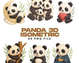 3D Panda PNG Clipart – 50 Cute Isometric Panda Illustrations for Stickers, Planners, Sublimation, Kids Crafts