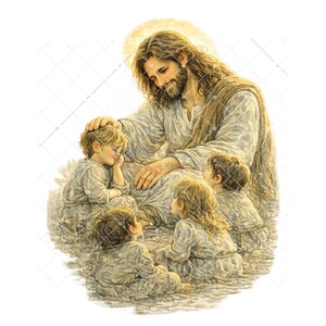 Imágenes prediseñadas de Jesús con niños - El Salvador bendiciendo a los niños pequeños en acuarela PNG - Gráficos del Santo Mesías del Nuevo Testamento - Escuela Dominical