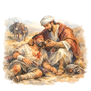May include: Watercolor illustration depicting a man helping another. The man is offering water from a brown jug to a wounded person. The scene is set in a desert landscape with donkeys in the background.