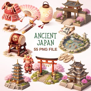 May include: A collection of Japanese-themed illustrations, including a red samurai armor, a fan, a lantern, a sword, a drum, a pagoda, a torii gate, and a pond with koi fish. The text "ANCIENT JAPAN 55 PNG FILE" is also present.