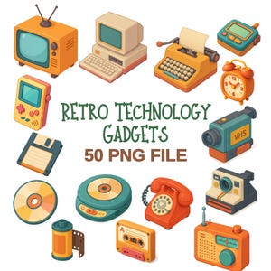 Pode incluir: Uma ilustração colorida de itens de tecnologia retrô, incluindo uma TV, computador, máquina de escrever e rádio. Outros itens incluem um console de jogos portátil, disquete, CD, telefone e câmera. Texto: "Retro Technology Gadgets 50 PNG File."