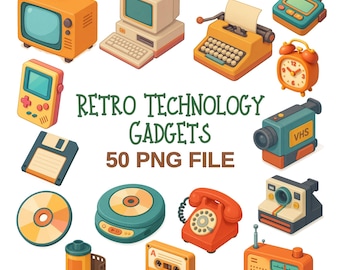 Clipart retrotechnologie en vintage gadgets | PNG-set voor apparaten uit de jaren 80 en 90