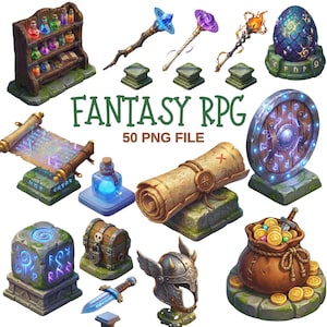 May include: A selection of fantasy RPG digital assets. The image shows items such as potion bottles, scrolls, a treasure chest, a shield, and a dragon egg. The text "FANTASY RPG 50 PNG FILE" is also included.