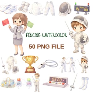 May include: Watercolor illustration featuring fencing equipment and characters. Includes fencing uniforms, helmets, swords, a trophy, a timer, and a referee. The text "Fencing Watercolor" and "50 PNG FILE" are also present.