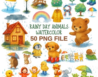 Clipart acquerello di animali nei giorni di pioggia - Pacchetto da 50 PNG (download digitale)