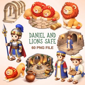 May include: A digital illustration with cartoon lions, a soldier, and other biblical elements. The text "DANIEL AND LIONS SAFE" and "60 PNG FILE" are also present. The colour palette includes shades of orange, yellow, blue, and brown.