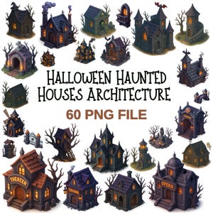 Imágenes prediseñadas de casas embrujadas de Halloween: paquete PNG de arquitectura gótica 3D (60 archivos)