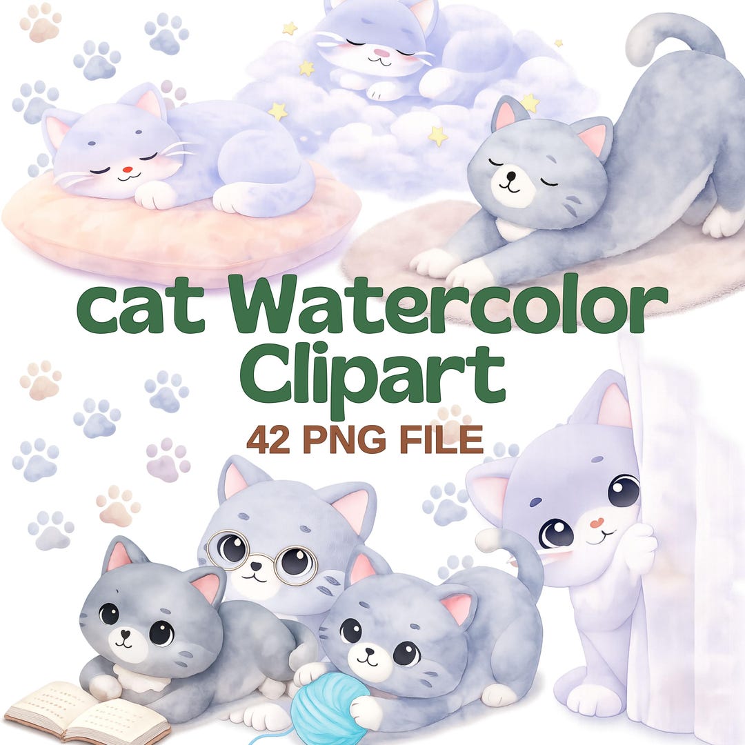 Cute Cat Watercolor Clipart Bundle – 42 PNG Kawaii Kitten Graphics ...