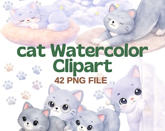 Pacote de Clipart de Gatos Fofos em Aquarela – 42 Imagens PNG de Gatinhos Kawaii, Ilustrações de Animais de Estimação em Tons Pastel, Download Digital para Scrapbook e Artesanato