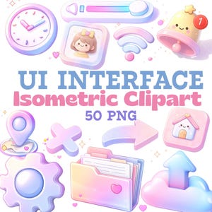 Puede incluir: Una colección de elementos de clipart isométricos de interfaz de usuario en colores pastel. La imagen incluye un reloj, una barra de progreso, un icono de perfil, un símbolo Wi-Fi, una campana, un pin de ubicación, una cruz, una flecha, un icono de casa, un engranaje, una carpeta y una nube con una flecha hacia arriba.