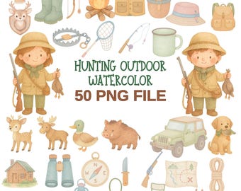 Hunting Watercolor Clipart | Outdoor Adventure PNG Set | 50 Rustic Camping Graphics