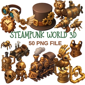 May include: A collection of steampunk-themed 3D digital art elements. Includes a top hat, clock, owl, train, robot, and other mechanical objects in shades of brown and gold. The text "STEAMPUNK WORLD 3D" and "50 PNG FILE" are also present.