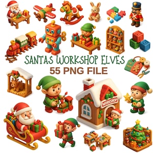 Puede incluir: Ilustraciones con temática navideña que presentan a Papá Noel, elfos y varios juguetes. La imagen incluye una figura de Papá Noel, un trineo, un tren de juguete, un robot y un taller. También está presente el texto "Santas Workshop Elves 55 PNG File".